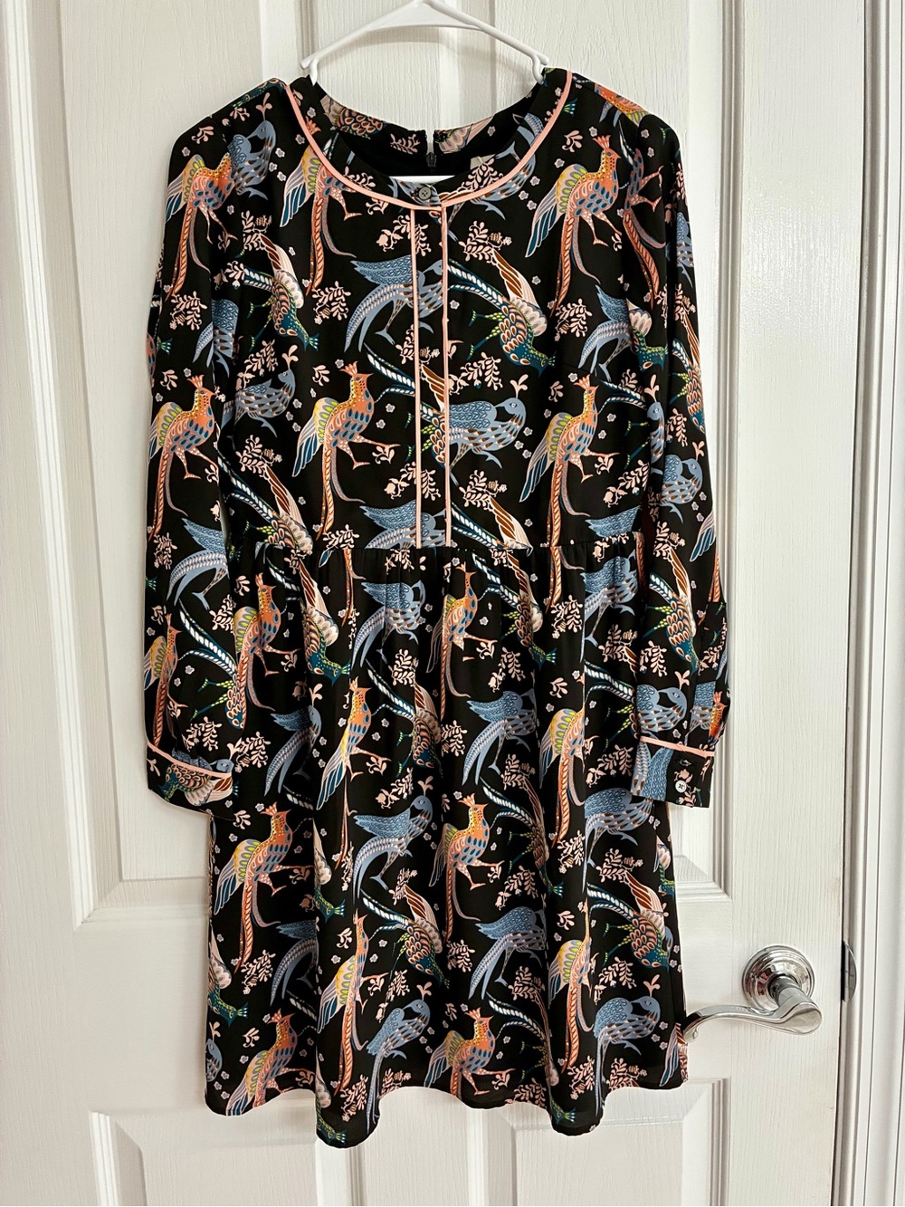 LOFT Black Bird-Print Long Sleeve Baby Doll Dress. Size 2P